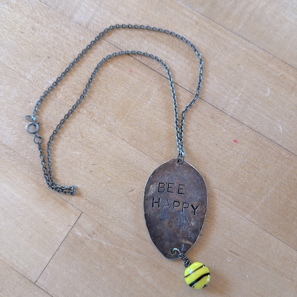 Custom One of a Kind Necklace BEE HAPPY w/yellow Glass pendant Silver tone